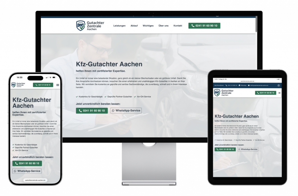 Website-Layout der Gutachterzentrale Aachen dargestellt.